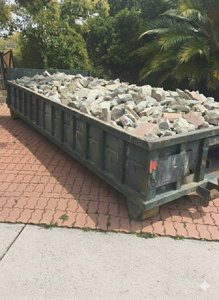 Green 10-yard Lowboy dumpster filled with concrete